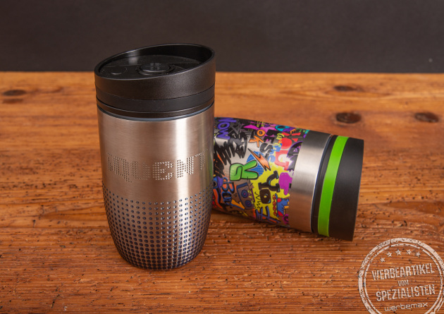 Hochwertige Werbebecher CremaOfficinaBudget mit f&uuml;hlbarem Logodruck.