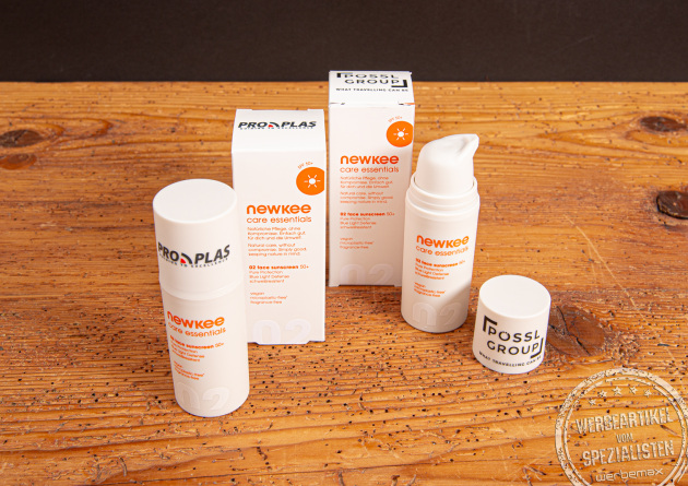 Newkee Sonnencreme mit Logodruck Referenzen Pössl und ProPlas.