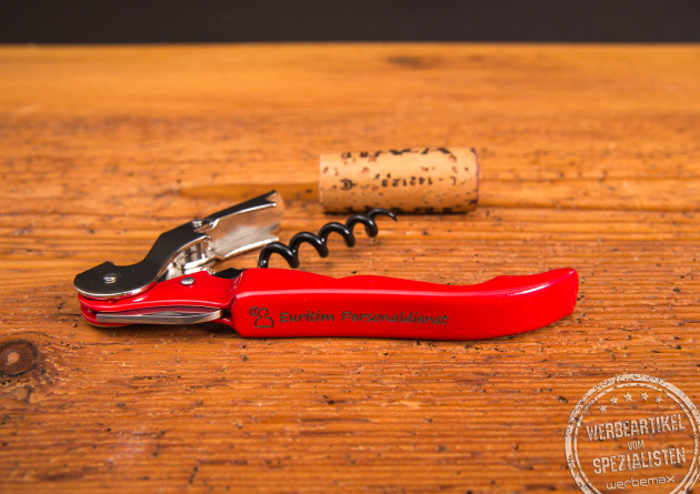 Original Pulltap's Kellnermesser in Rot mit Logo und Korken – edler Werbeartikel für Gastronomie und Weinliebhaber.