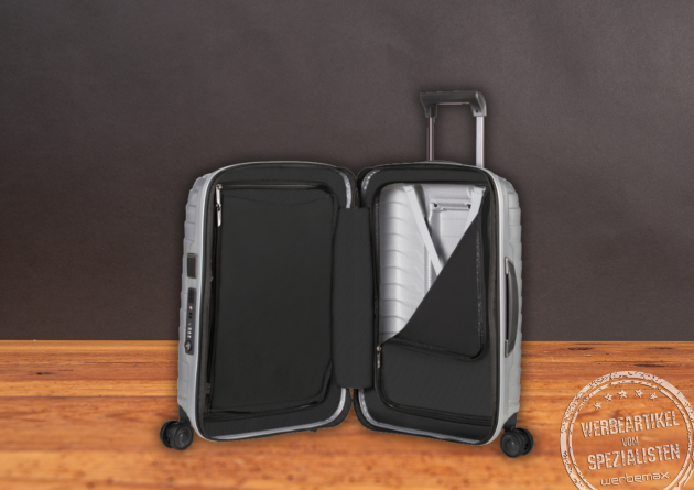 Samsonite PROXIS Kabinentrolley silber geöffnet – edles Handgepäck als Werbegeschenk.