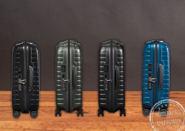 Samsonite PROXIS Trolley-Serie in verschiedenen Farben – perfekte Werbegeschenke für Geschäftsreisen.