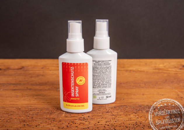 50ml Insektenschutz in einer kleinen Sprühflasche mit individuell-bedrucktem Etikett.