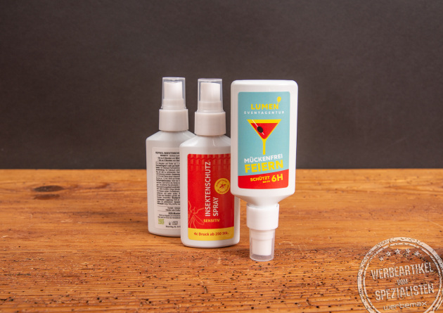 Insektenschutzmittel in bedruckter Sprühflasche aus rPET mit bedrucktem Etikett.