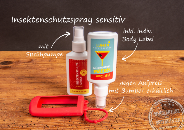 Insektenschutzspray in der 50ml Spühflasche mit Logo optional mit praktischem Silikonbumper.
