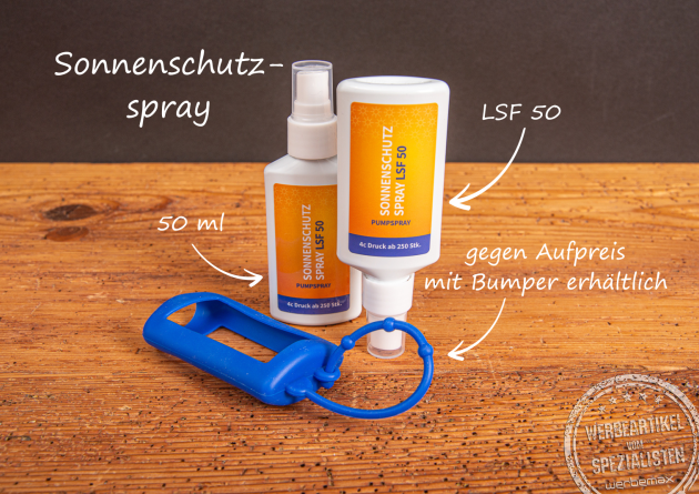 50ml-Sonnenschutzspray stehend, daneben Silikonaufhängung – praktischer Sommer-Werbeartikel mit Logo