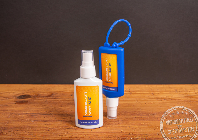 Sonnenschutzspray in 50ml-Flasche mit individuell bedrucktem Label, optionaler Silikonaufhängung und praktischem Format