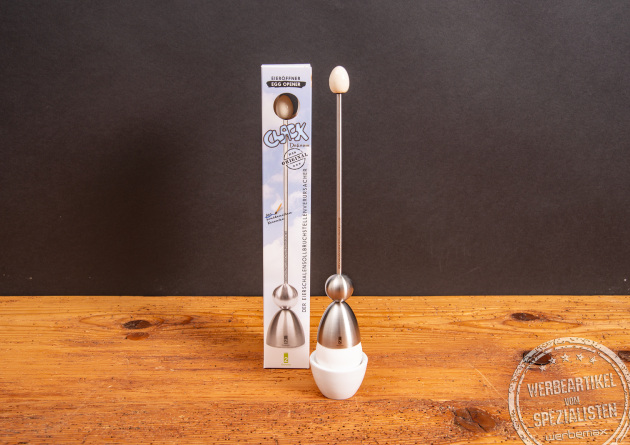 Original Clack Eierschalensollbruchstellenverursacher von take2 &ndash; Edelstahl-Design mit Verpackung im Fokus.