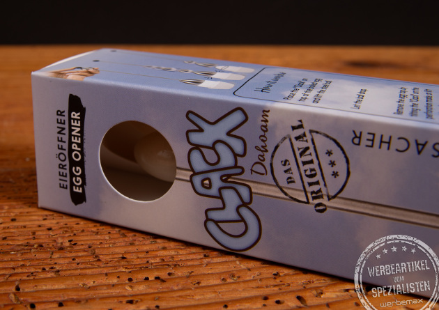 Detailansicht der Clack-Verpackung von take2 – das Original Eierschalensollbruchstellenverursacher mit Sichtfenster.