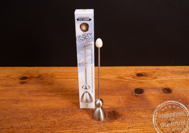 Original Clack Eierschalensollbruchstellenverursacher von take2 &ndash; Edelstahl-Design mit Verpackung im Fokus.