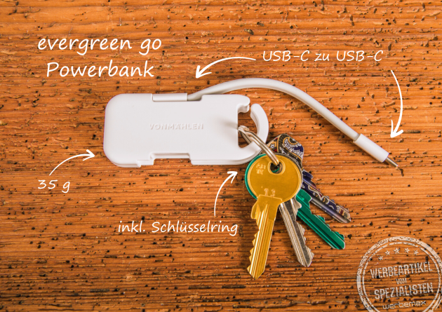 Vonmählen Evergreen Go Powerbank mit USB-C Kabel und Schlüsselring – nachhaltiger Technik-Werbeartikel für unterwegs