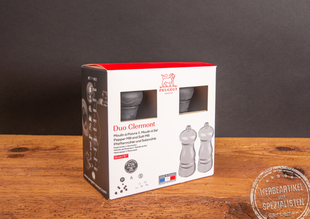 Rückseite der Geschenkverpackung des Mühlen-Sets Clermont Duo von Peugeot aus dunklem Holz
