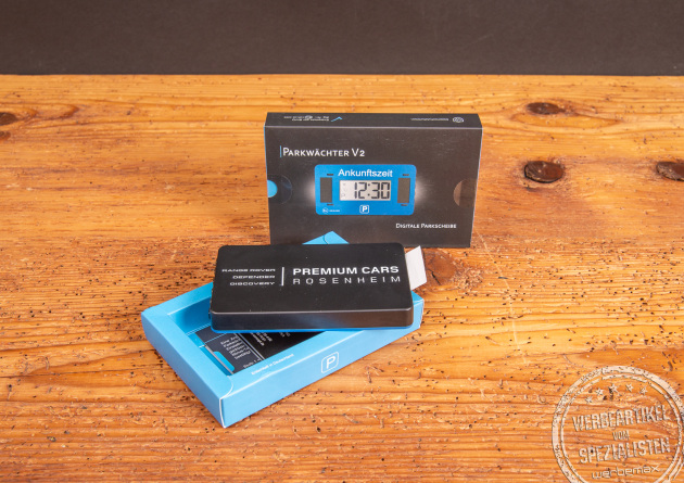 Digitale Parkscheibe in einer hochwertigen Verpackung – modernes Auto-Accessoire und praktischer Werbeartikel für Ihre Kunden