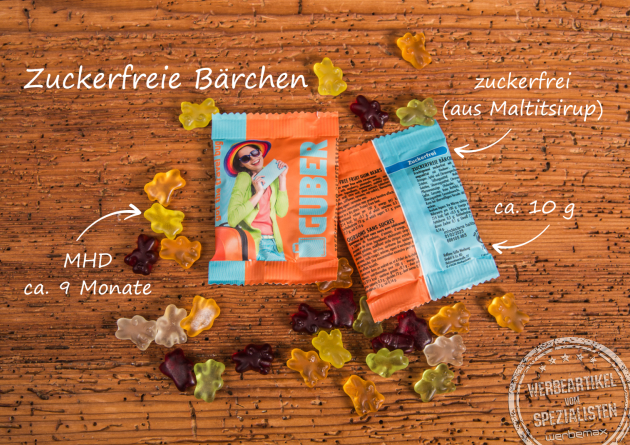 Gummibärchen zuckerfrei in bunten Farben, verpackt in individuell bedruckbaren 10 g Minitüten, gesüßt mit Maltitsirup, 9 Monate haltbar – ideal als Werbegeschenk für Firmen und Events.