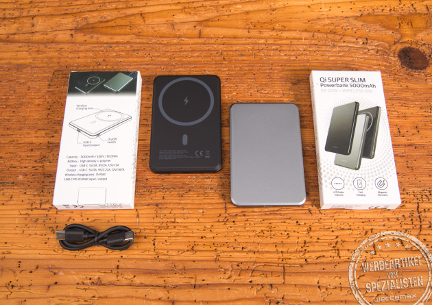 MagSafe Powerbank Set &ndash; kabellose Powerbank mit Smartphone, Kabel und Verpackung als Werbeartikel mit Logo