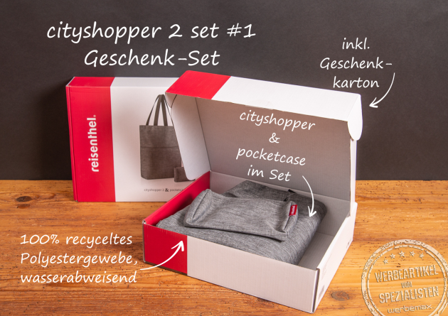 Reisenthel Cityshopper 2 Set Twist Silver im Geschenk-Karton – wasserabweisend, aus recyceltem Polyester.