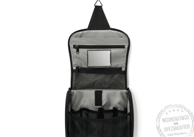 Reisenthel Toiletbag Black – praktische Kulturtasche zum Aufhängen mit Spiegel und Fächern als funktionales Werbegeschenk.