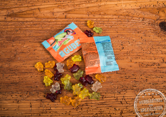 Gummibärchen zuckerfrei in leuchtenden Fruchtfarben, verpackt in individuell bedruckbaren 10 g Minitüten, ideal als süßes Werbegeschenk für Kunden und Events.