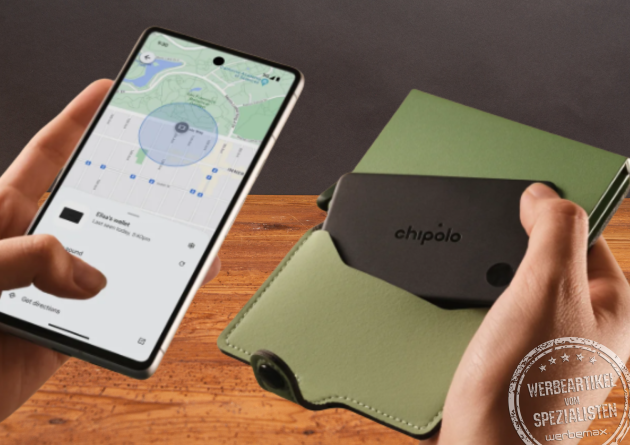 Chipolo Card wiederaufladbarer Tracker mit Smartphone-Anbindung – schlanker Werbeartikel zur Ortung von Geldbeutel und Karten, erhältlich bei werbemax.