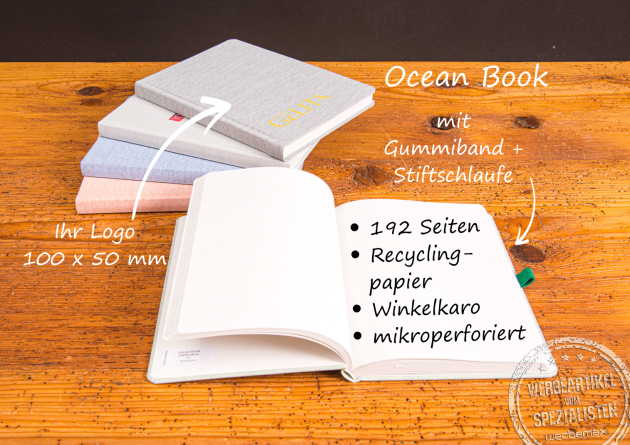 OceanBook Hardcover Notizbuch von Geiger Notes aus Recyclingpapier – nachhaltiges Werbemittel mit Logo-Druck.
