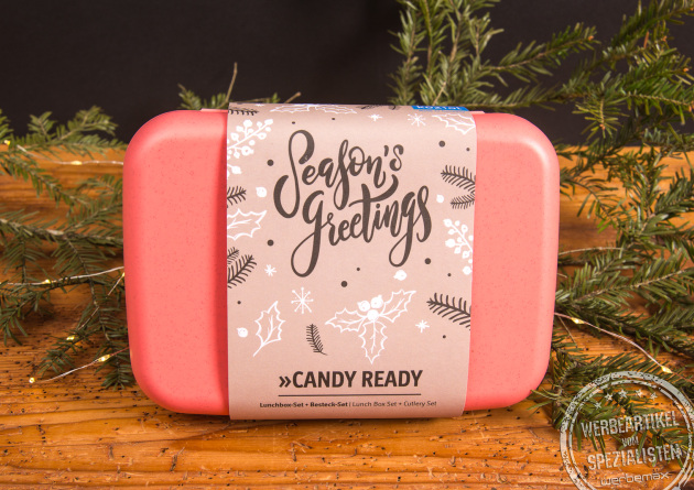 Koziol Candy Ready Lunchbox-Set in Rosa mit weihnachtlichem Season’s Greetings Design – nachhaltiges Lunchbox-Set als Werbegeschenk.
