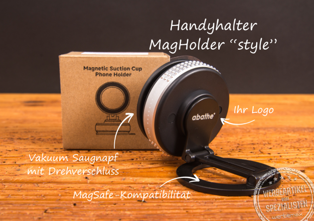 MagHolder Style – MagSafe Handyhalterung fürs Auto mit Vakuum-Saugnapf und Logo-Fläche als hochwertiges Werbegeschenk