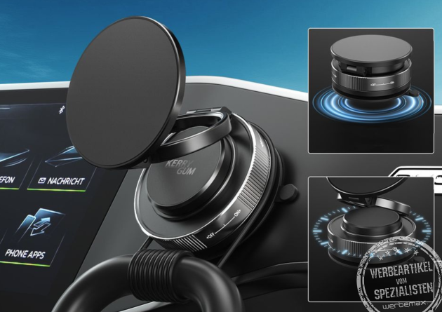 Smarter Handyhalter fürs Auto mit Magsafe und Vakuum Saugnapf für einen bombenfesten Halt an glatten Oberflächen. Jetzt mit Logo personalisieren. 