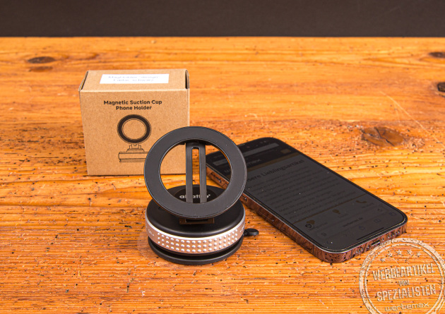 MagHolder Style – kompakte magnetische Handyhalterung mit Vakuum-Saugnapf und Logo-Branding als praktisches Werbegeschenk