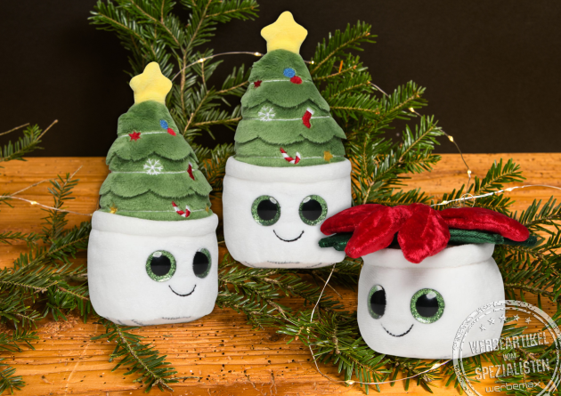 Schmoozies Evergreenies als weihnachtlicher Werbeartikel mit Logo – süße Plüschfiguren mit Weihnachtsbaum und Weihnachtsstern, ideal als originelles Firmengeschenk.