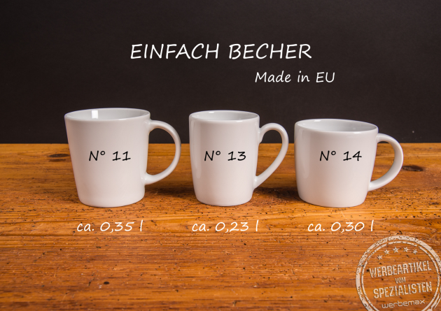 Drei wei&szlig;e Porzellanbecher als Werbetassen mit Modellbeschreibung.
