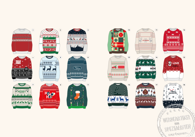 Übersicht mit 18 Designvorlagen für Ugly Christmas Sweater in verschiedenen Farben und Motiven.