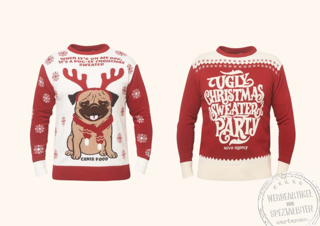 Zwei rote Ugly Christmas Sweater: links Mops mit Geweih, rechts Schriftzug ‚Ugly Christmas Sweater Party‘.
