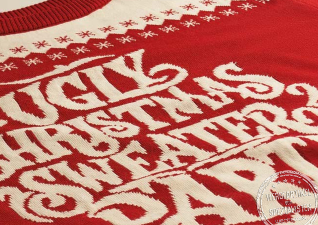 Nahaufnahme: roter Ugly Christmas Sweater mit cremefarbenem Strickmuster als Werbegeschenk.