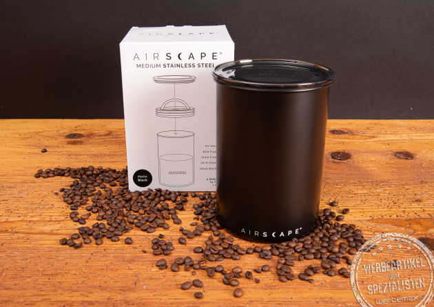 Airscape Kaffeedose Medium aus Edelstahl in Schwarz matt mit Originalverpackung – modernes Werbegeschenk für Kaffeeliebhaber.