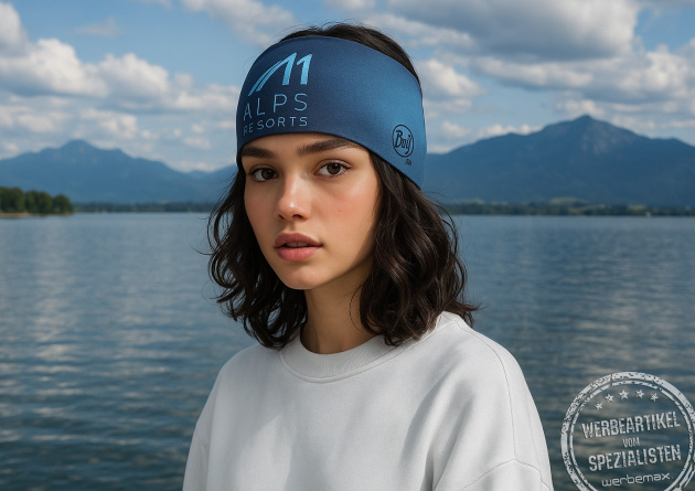 Frau tr&auml;gt ein blaues BUFF Stirnband mit Alps Resorts Logo am See &ndash; hochwertiges Stirnband mit Logo bedrucken als nachhaltiger Werbeartikel von BUFF bei werbemax.de