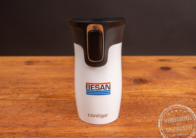 Weißer Contigo Thermobecher mit Besan Logo und schwarzem AUTOSEAL-Verschluss – hochwertiger Isolierbecher als Werbeartikel mit individueller Logogravur.“