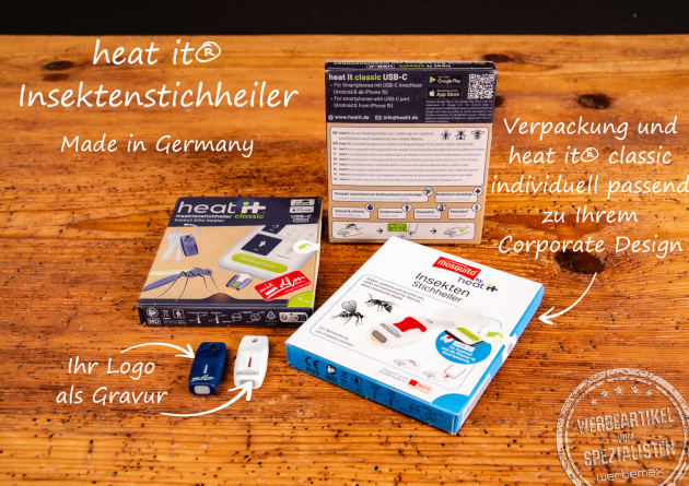 heat it® Insektenstichheiler mit individueller Gravur und Verpackung im Corporate Design – Made in Germany, als innovativer Werbeartikel und praktisches Sommer-Gadget.