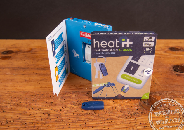 heat it Insektenstichheiler in Blau mit Gravurfläche – praktisches Outdoor-Gadget als hochwertiges Werbegeschenk mit Logo.