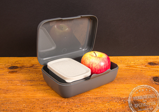 Nachhaltige koziol Lunchbox Candy L in Grau mit Apfel und Einsatzbox – langlebiger Mehrwegbehälter als Werbeartikel, spülmaschinenfest und recycelbar.