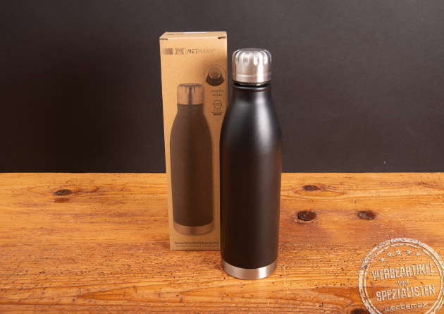 Metmaxx Refill Edelstahlflasche mit geöffneter Kappe neben der Originalverpackung – hochwertige Trinkflasche mit Keramik-Innenbeschichtung.