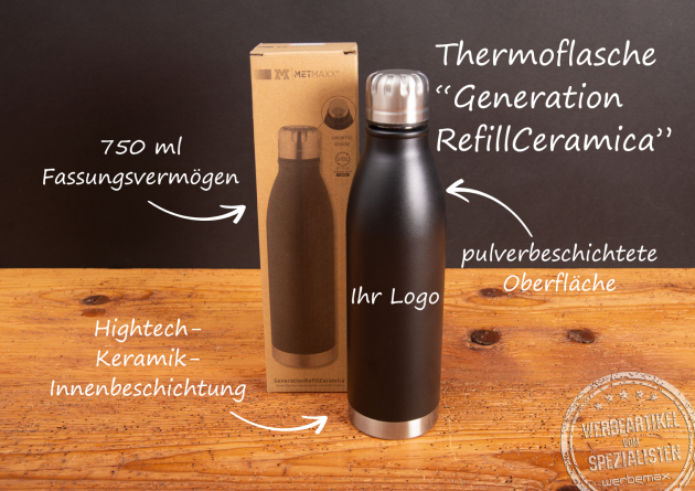 Metmaxx Thermoflasche „Generation RefillCeramica“ in Schwarz mit Beschriftung zu Keramik-Innenbeschichtung, 750 ml Fassungsvermögen und Logo-Druckfläche.