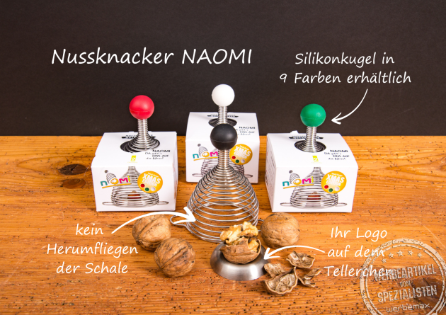 Nussknacker NAOMI von Take2 – Design-Küchenhelfer aus Edelstahl mit Silikonknauf in verschiedenen Farben, ideal als Werbeartikel und Weihnachtsgeschenk mit Logo.