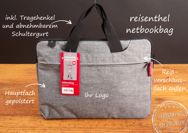 Reisenthel Netbookbag in Dekor Twist Silver mit gepolstertem Hauptfach, Reißverschlussfach außen, Tragehenkeln und abnehmbarem Schultergurt – ideal als personalisierbare Laptop-Tasche mit Logo für Mitarbeiter oder Kunden.