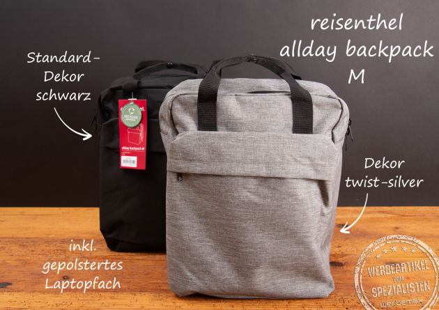 Reisenthel Rucksack allday backpack M in den Farben twist silver und schwarz als hochwertiger Werbeartikel mit gepolstertem Laptopfach, ideal als nachhaltige Werbegeschenke oder Kundenpräsent.