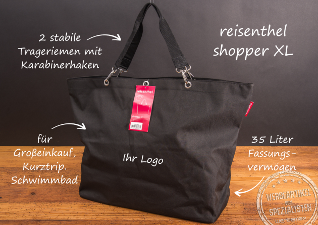 Reisenthel Shopper XL in Schwarz mit 35 Litern Fassungsvermögen, stabilen Trageriemen und Karabinerhaken – ideal als individuell bedruckbare Tasche für Großeinkauf, Kurztrip oder Schwimmbad, perfekt als eines der wunderbaren Werbegeschenke mit Logo.