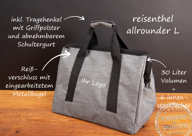Reisenthel Allrounder L Reisetasche in Dekor Twist Silver mit 30 Litern Volumen, sechs Innensteckfächern, gepolsterten Tragehenkeln, Schultergurt und stabilem Metallbügel – ideal als eines der besonders vielen Werbegeschenke  mit Logo.