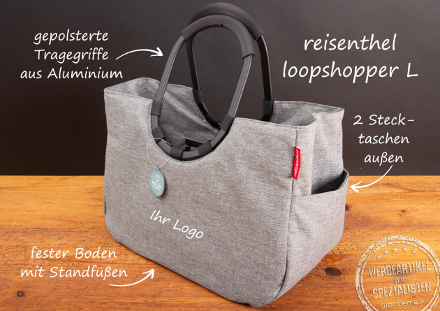 Reisenthel Loopshopper L Dekor twist silver mit gepolsterten Aluminiumgriffen, zwei Außentaschen, festem Boden mit Standfüßen und Platz für ein individuelles Logo.