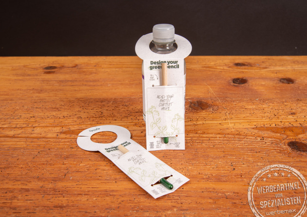 Nachhaltiger Sprout Samenbleistift mit Flaschenanhänger aus Recyclingpapier – umweltfreundlicher Werbeartikel zum individuellen Bedrucken mit Logo.