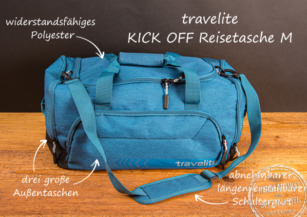 Travelite Kick Off Reisetasche M mit Logo – strapazierfähige Reisetasche als Werbegeschenk mit Schultergurt und Außentaschen.