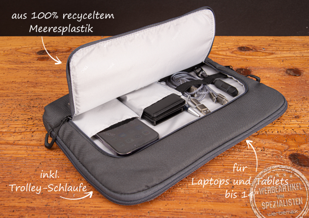 TROIKA Laptoptasche aus 100 % recyceltem Meeresplastik mit Fächern für Zubehör – nachhaltige Tasche für Laptops und Tablets bis 14 Zoll, inklusive Trolley-Schlaufe, ideal als Werbegeschenk mit Logo