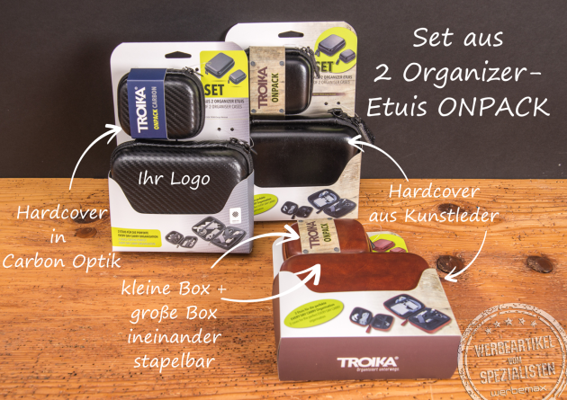 TROIKA Organizer Etui Set ONPACK mit Hardcover in Carbon-Optik und Kunstleder – stapelbare Etuis mit Logo, ideal als hochwertiges Werbegeschenk für Reisen und Technik.